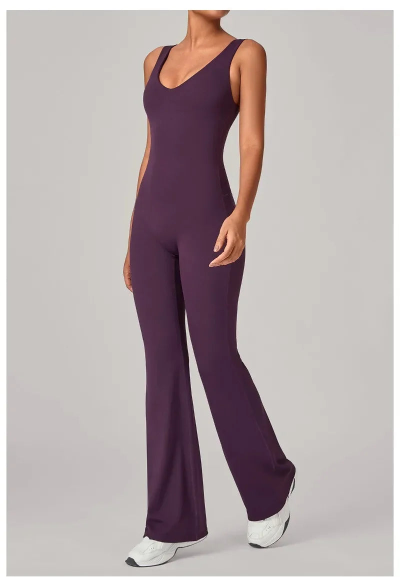 Women's Seamless Yoga Jumpsuits Sports Fitness Sleeveless Hip-lifting Flared One-piece Workout Gym Training Slim Fit Bodysuits