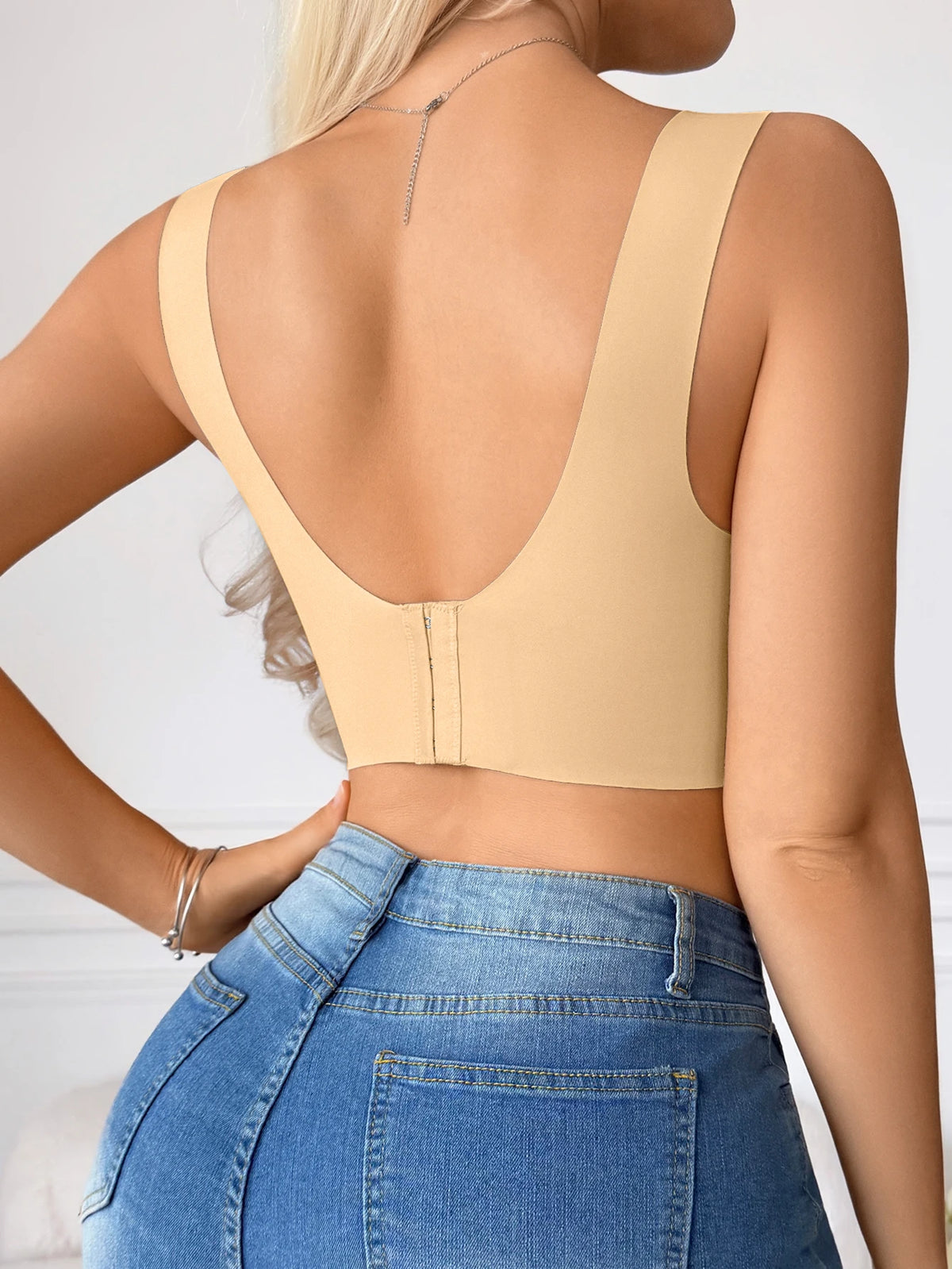 Women's Wirefree Seamless Bra, Back Closure U-Back Support Bra, No Steel Ring Comfortable Everyday Bra, Nude Invisible Underwear
