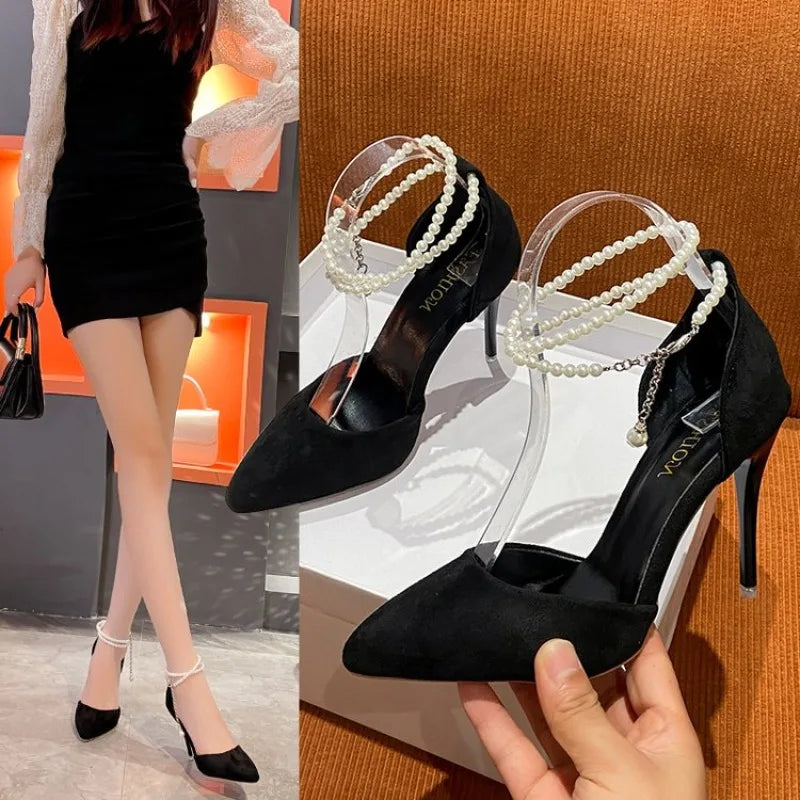 Pearl Baotou Heel Women's Shoes Spring Summer Ankle Strap Pointed Toe Pumps Sexy High Heels Female Shoes
