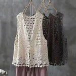 Women Summer Vest Hollow Out Retro Knitted Crochet Sleeveless Loose Open Stitch Thin Cardigan Daily Outwear Coat Top