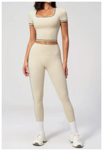 2PC Color Contrast Yoga Suit Women Short Sleeve Square Collar Slim Sports Top Fitness Suits Outdoor Exercise Leggings Tracksuit
