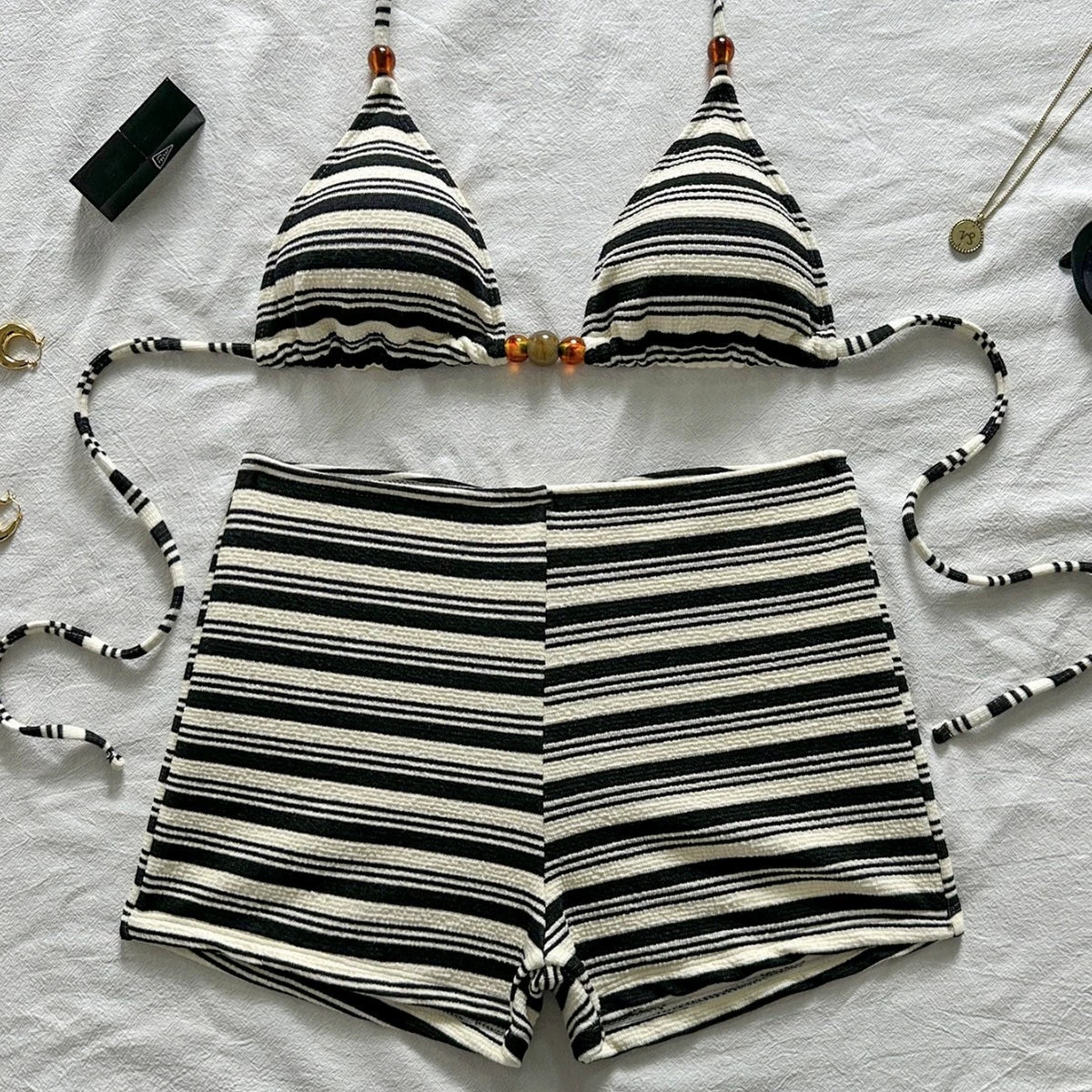 DEKA Summer Womens Striped Bikini Sexy Halter Bra Tops with Shorts 2 Pcs Set Beach High Waist Swimwear Female Bathing Suit