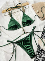Halter Rhinestone Diamond Bikini Women Micro Thong Swimwear Female Swimsuit Two Pieces Bikini Set Satin Bathing Suit Swim Lady