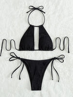 2025 Halter Tie Side Hollow Out Smocked Bikini Women Swimsuit Female Swimwear Two Pieces Bikini Set Swim Bathing Suit Beach Wear