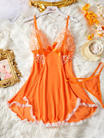 Summer Orange Lace Mesh Contrasting Dress Underwear With Thongs Night Costumes