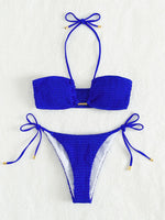 Halter Tie Side Pleated Smocked Bikini Women Bandeau Swimsuit Female Swimwear Two Pieces Bikini Set Bathing Suit Swim Beach Wear