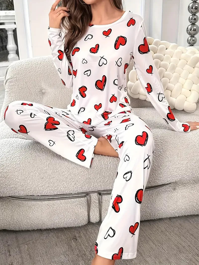 Autumn Winter Pajama Set for Women Sleepwear Heart Print Knitted Round-Neck Loose Tops and Elastic Long Pants Loungewear