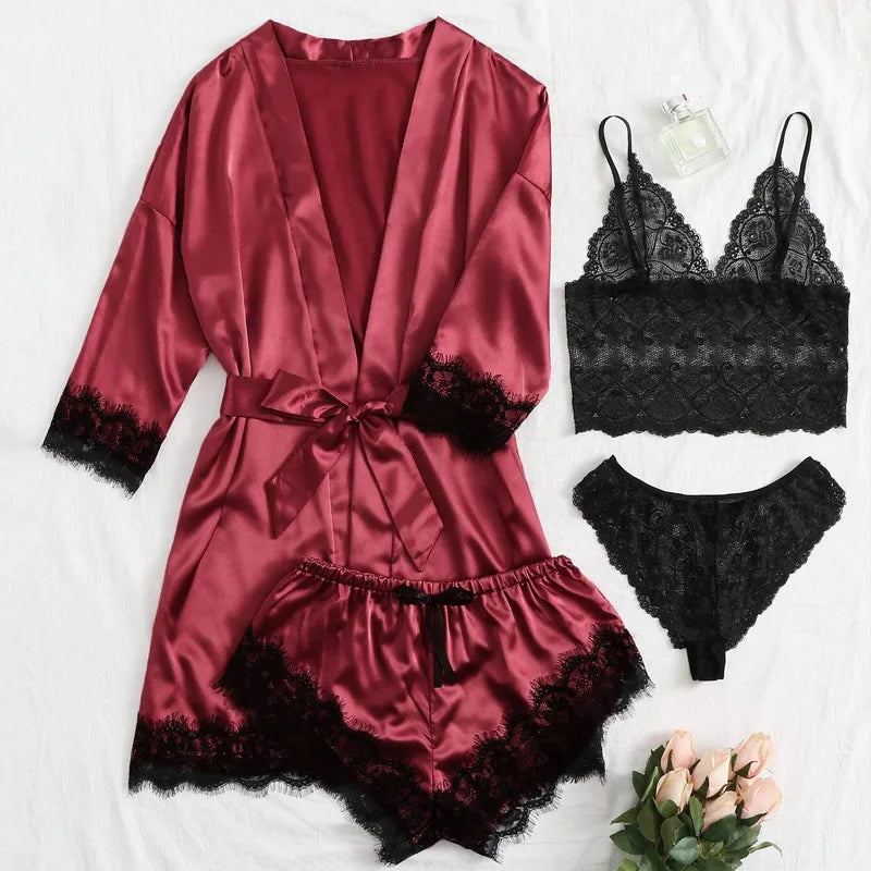 Sexy Women Home Dressing Gown Lingerie Lace Patchwork Satin Robe Set Nightwear Casual Sleepwear Kimono Bathrobe Home Nightdress