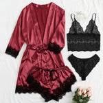 4PCS Women Pajama Suit Fashion V-Neck Stretch Silk Satin Robe Lace Sexy Lingerie Bathrobe Bowknot Pyjamas Shorts Set Sleepwear
