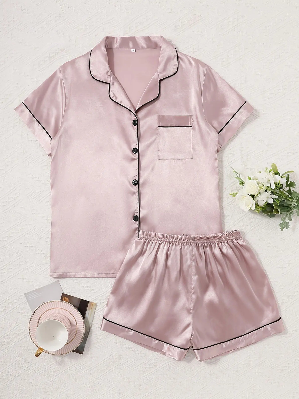 Summer Silk Satin Pajamas Set Womens Short Sleeve Turn-down Collar Button Top & Shorts Sleepwear Loungewear Nightwear