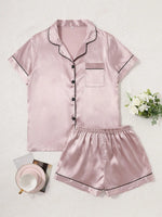 Summer Silk Satin Pajamas Set Womens Short Sleeve Turn-down Collar Button Top & Shorts Sleepwear Loungewear Nightwear