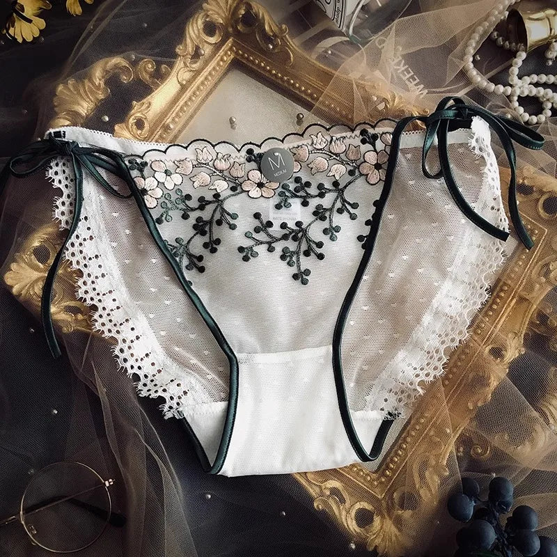 Lace-up Briefs Transparent Lace Panties Women Lingerie Sexy Underwear Low Waist Ropa Mujer Floral Embroidery Lenceria Femenina