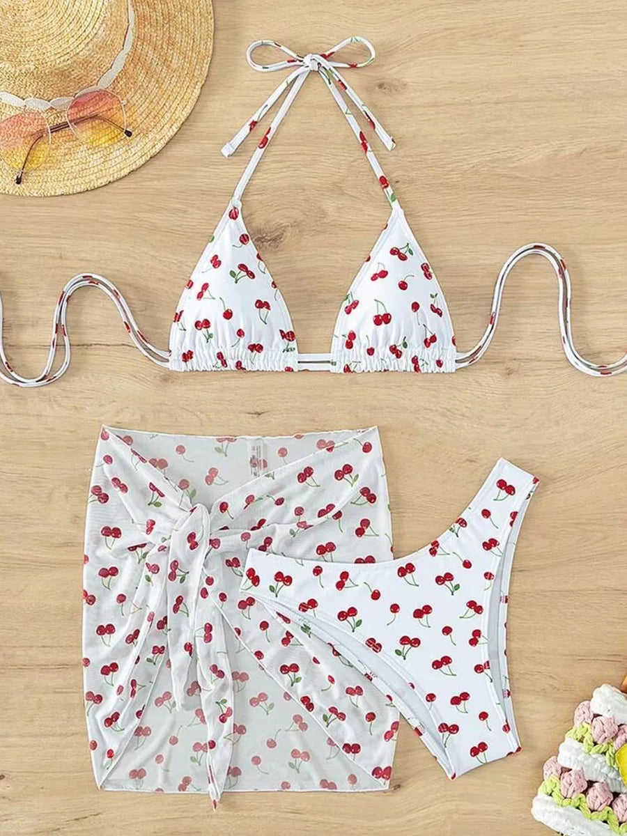 With Mesh Skirt Cherry Printed Bikini Female Swimsuit Women Swimwear Three Pieces Bikini Set Halter Bathing Suit Swim Beachwear