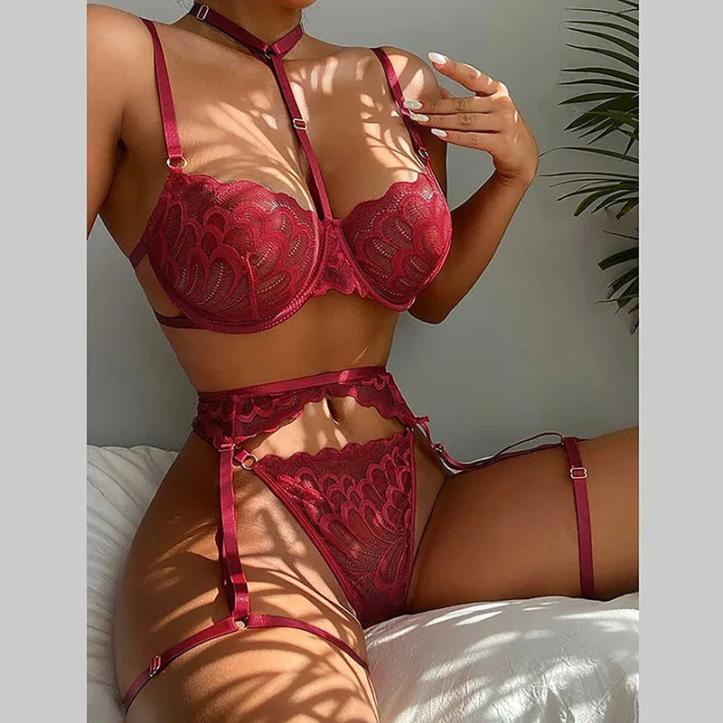 Hot Hollow Sexy Lingerie Set Women Lace Underwear Bra Set Transparent Erotic Bra Thong Solid Color Bikini Panties Suit