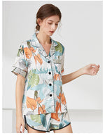 Leaf print summer short sleeved imitation silk sleepwear, lace up pants, cardigan, loose home clothes