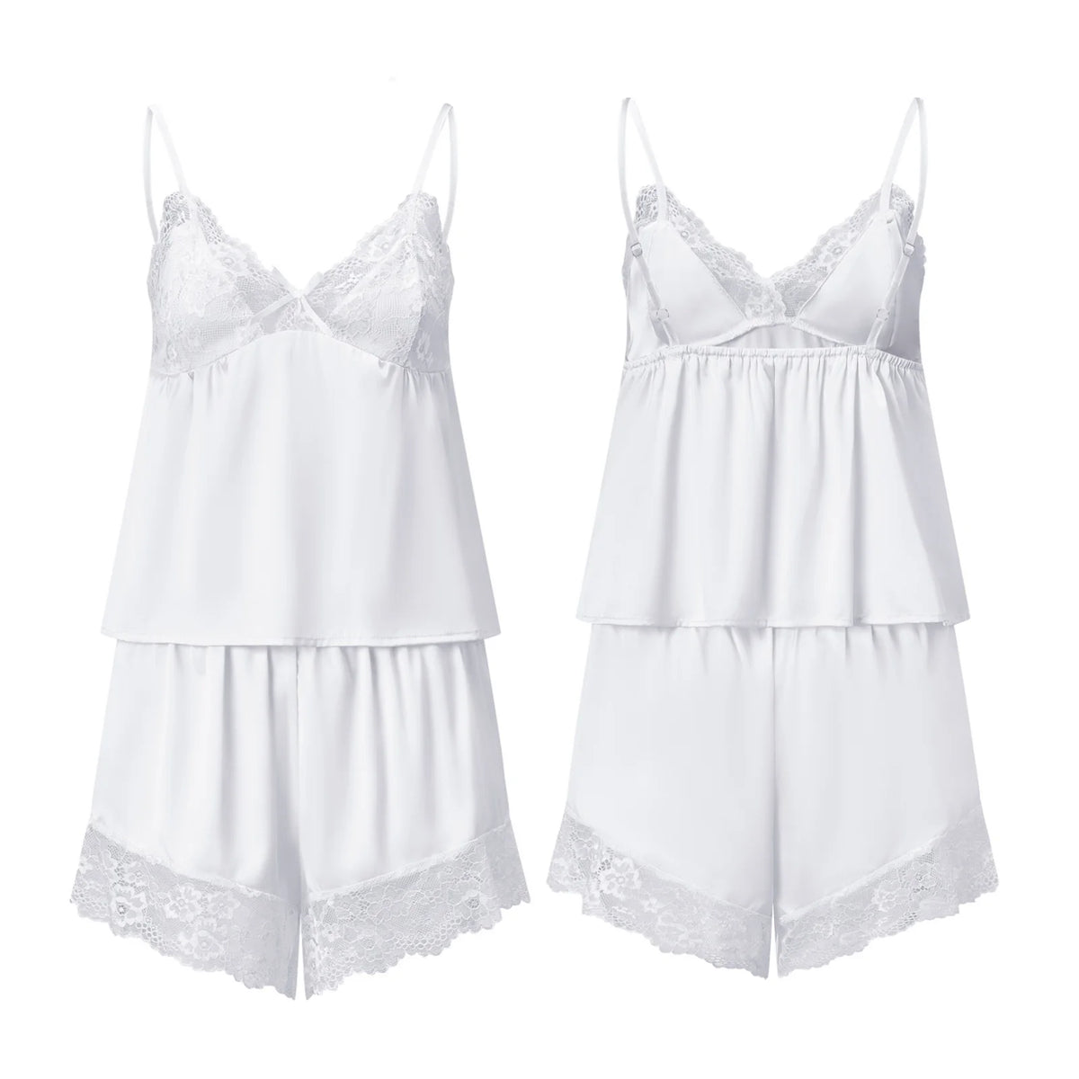 Women Satin Lace Trim Pajamas Sets Spaghetti Strap Camisole Tops and Shorts 2 Piece Set Loose Casual Lounge Wear Summer