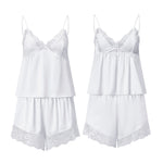 Women Satin Lace Trim Pajamas Sets Spaghetti Strap Camisole Tops and Shorts 2 Piece Set Loose Casual Lounge Wear Summer