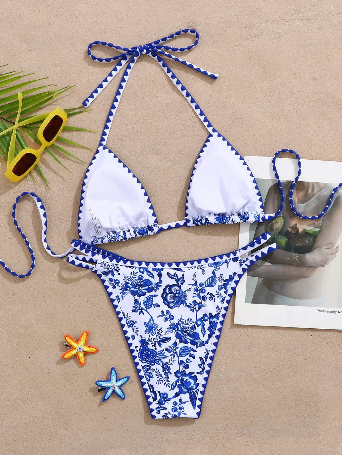 New Blue Floral Print Bikini Set Women Halter Push Up Bra Hollow Out Thong Swimsuit 2026 Summer Bathing Suit Holiday Swimwear