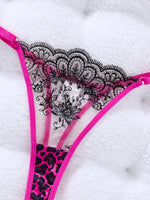 Sweet and cool leopard print patchwork lace lingerie set - Hot girl style mesh embroidered half-cup bra thong set ZA825120