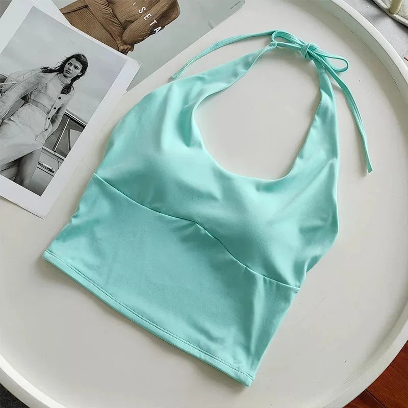 Women's Halter Neck Sports Bra Vest Slimming Tube Top for Yoga Gym Running Beautiful Back Sling Design One Cup Gathered Summer F
