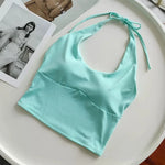 Women's Halter Neck Sports Bra Vest Slimming Tube Top for Yoga Gym Running Beautiful Back Sling Design One Cup Gathered Summer F