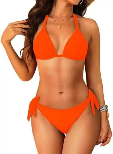 Women's Triangle Bikini Set Strap Design Swimsuit Two-Piece Swimwear Nylon Fabric with Chest Pad No Steel Support