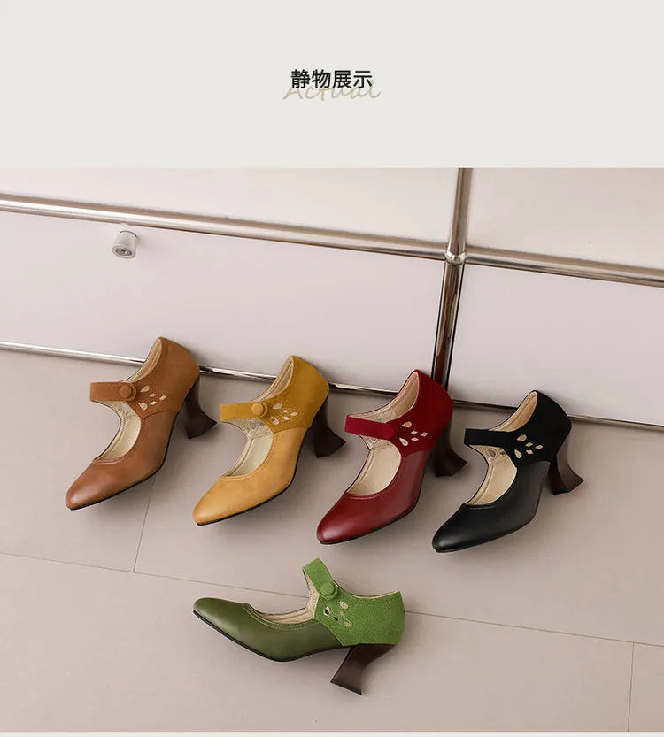 Summer Spring Cute Women Pumps Round Toe 6.5cm Small Heels Flock and PU Ankle Strap Buckle Green Yellow Big Size 46 48