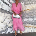 Women's Flowy Chiffon Wedding Guest Dress Ruffle Half Sleeve Empire Waist Ruched Wrap Dress V Neck Tiered Swing Dresses