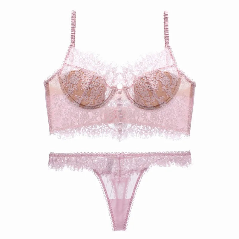 French Ultra Thin Lace Bra Set Sexy U Type Beautiful Back Underwear for Women Embroidery Flowers Bralette Romantic Bra Thong Set