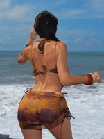 New Coffee Tie Dye Gradient Bikini Set 2026 Swimwear Women Metal Flower Push Up Cover Up Drawstring Side Skirt 4 Piece Swimsuit