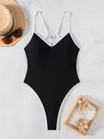 Sexy Black White patchwork One Piece Swimsuit 2026 Women Hollow Pearls Back Criss Cross Bathing Suit Holiday Swimwear Monokini