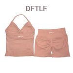 DFTLF 2 Pieces Sports Set Women Backless Tank Yoga Tops High Waist Scrunch Seamless Shorts Sport Gym Set Sportswear Workout Set