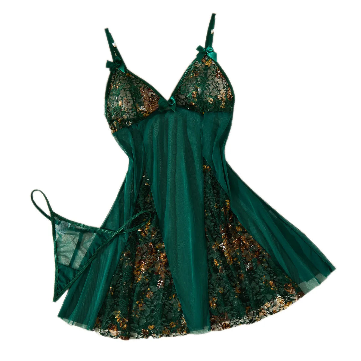 Pure Desire Style Green Lace Nightgown Set–See-Through Mesh, Spaghetti Strap,Backless Design,Romantic Sleepwear for Her ZA824071