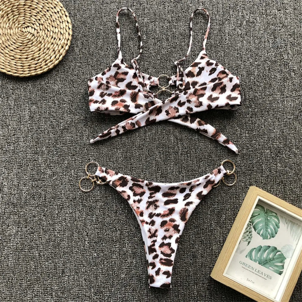 Sexy Metal Rings Leopard Brazilian Bikini Female Swimsuit Women Swimwear Two-piece Bikini set Bather Bathing Suit Swim V1441L
