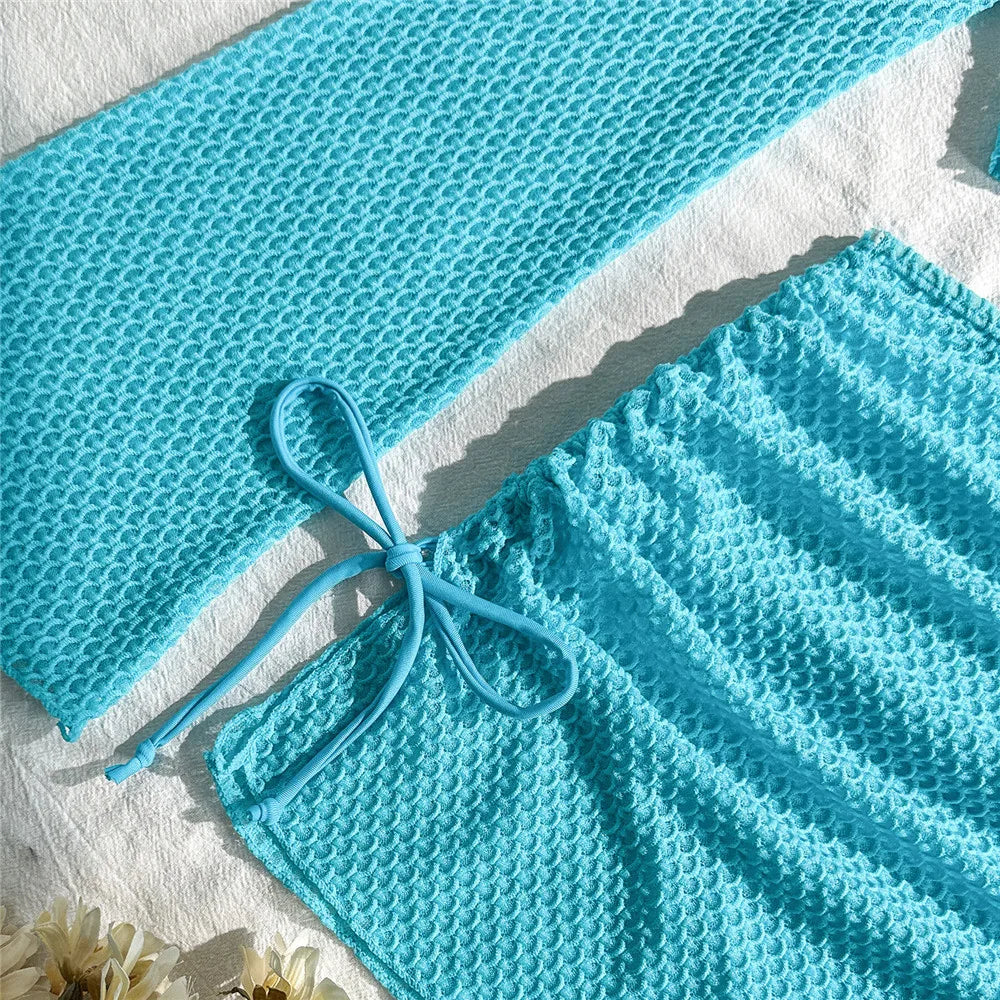 Beige Mesh Halter String Triangle Micro Thong Bikinis Sets 4 Pieces Long Sleeve Cover Ups Sexy Swimsuit Women Holiday Swimwear