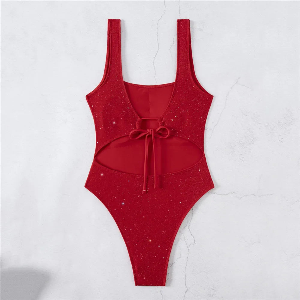 Shiny Black Backless Sexy Swimsuit Woman One Piece Solid Swimwears 2026 High Cut Monokini Lace-up Bathing Swimming Suit Bodysuit