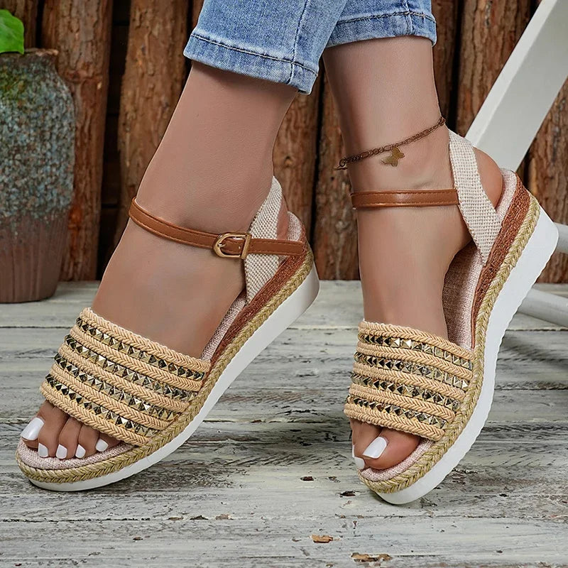Gold Rivets Decor Wedges Sandals Women Summer Lightweight Platform Sandles Woman Plus Size 43 Ankel Buckle Rome Sandalias Mujer