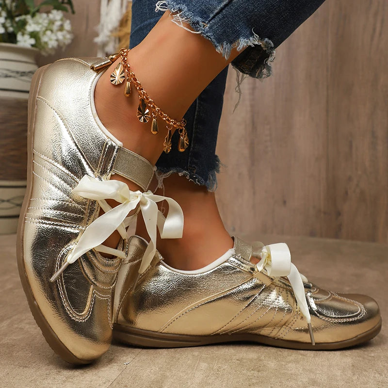 Sweet Ribbon Bowknot Ballet Flats for Women Plus Size 43 Gold Silver Platform Sneakers Woman Comfortable Soft Bottom Flat Shoes