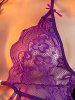 Adult Erotic Bodysuit Lace Hanging Collar Deep V-neck Semi Transparent Women Sexy Lingerie Crotchless Hot Underwear