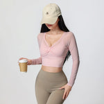 Women Mesh Long Sleeve Crop Yoga Top V Neck Twist Front Built-in Bra Quick Dry Breathable Workout Running Sports Shirt