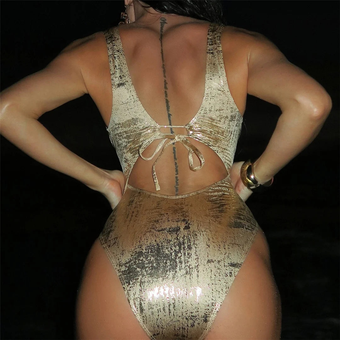 Sexy Golden Deep V Neck High Cut Leg Backless One Piece Swimsuit Women Swimwear Female Monokini Bather Bathing Suit Swim V6690