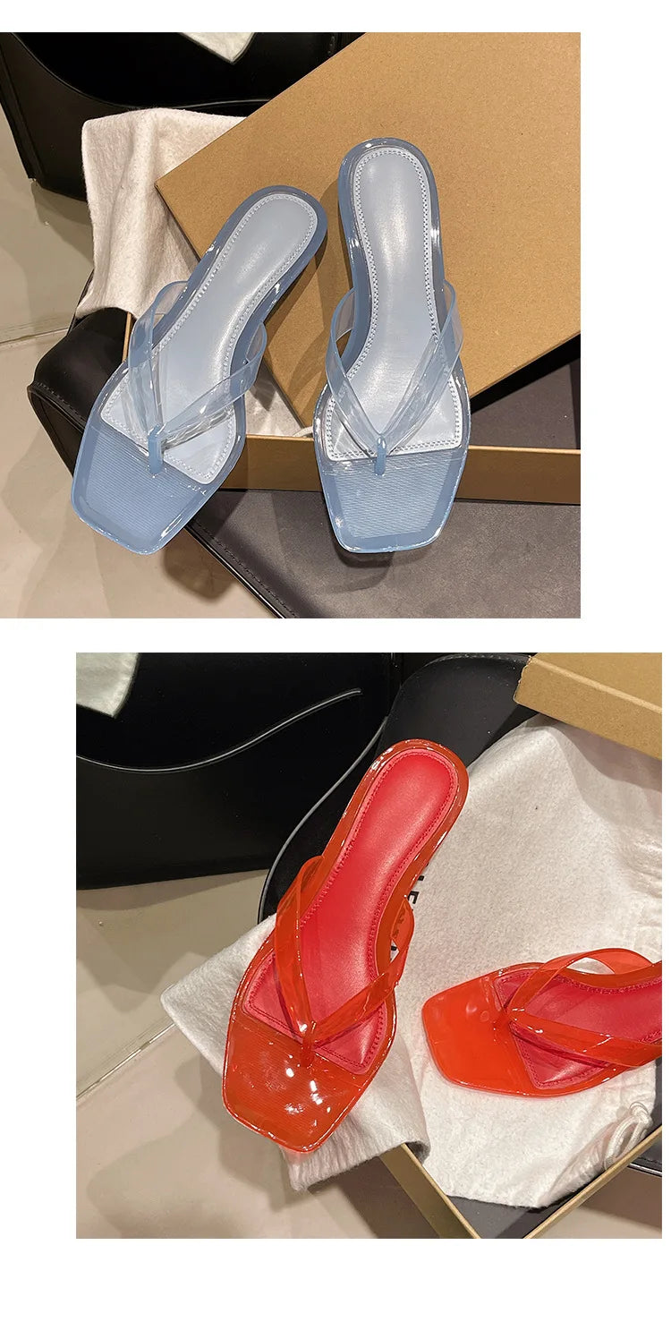 2026 Summer Jelly Shoes Women Fashion Sandals Low Heel Square Toe Girls Street Flip Flops Transparent Color Female Slippers