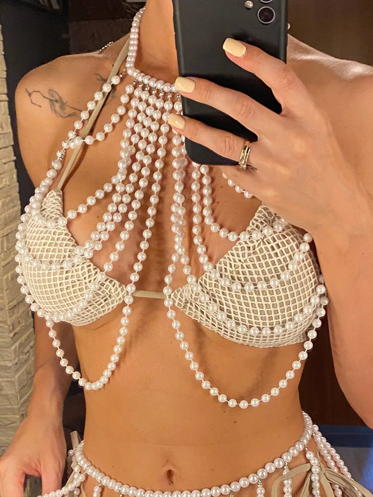 Luxury Pearls Halter Hollow Out See Through Bikini Top Female Swimsuit Women Swimwear Bather Bathing Suit Swim Beach Top V5409