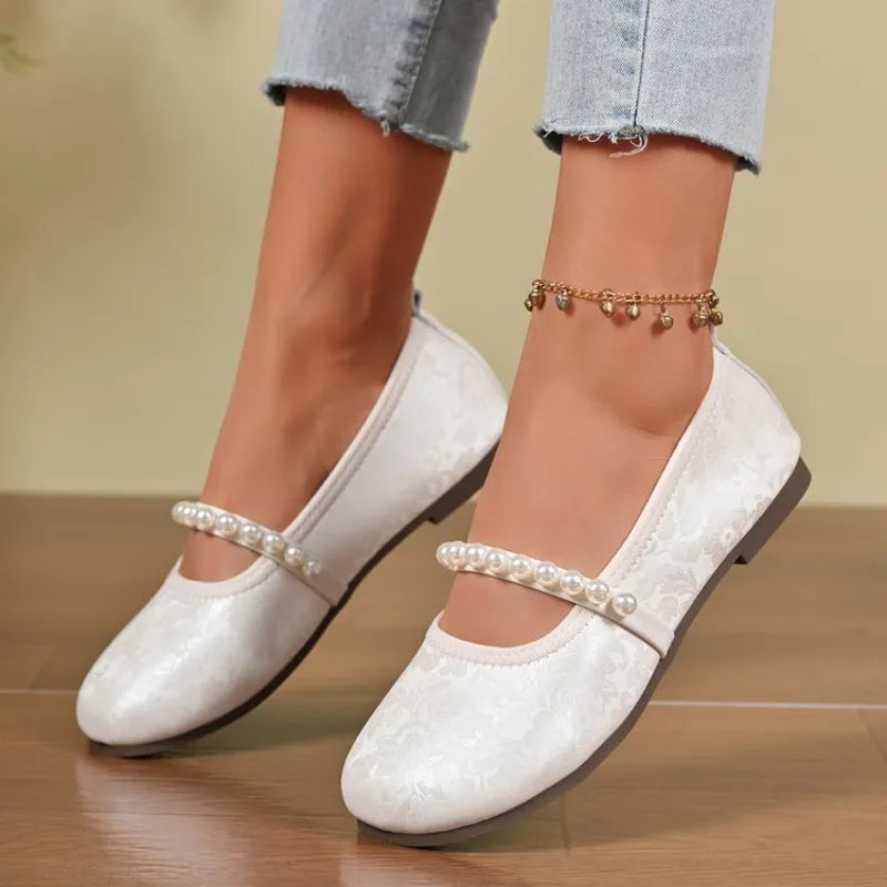 Slip-on Round Toe Pearl Women's Flat Mary Jane Shoes Trend High Quality Fashion Korean Style Social Casual Ladies Footwear