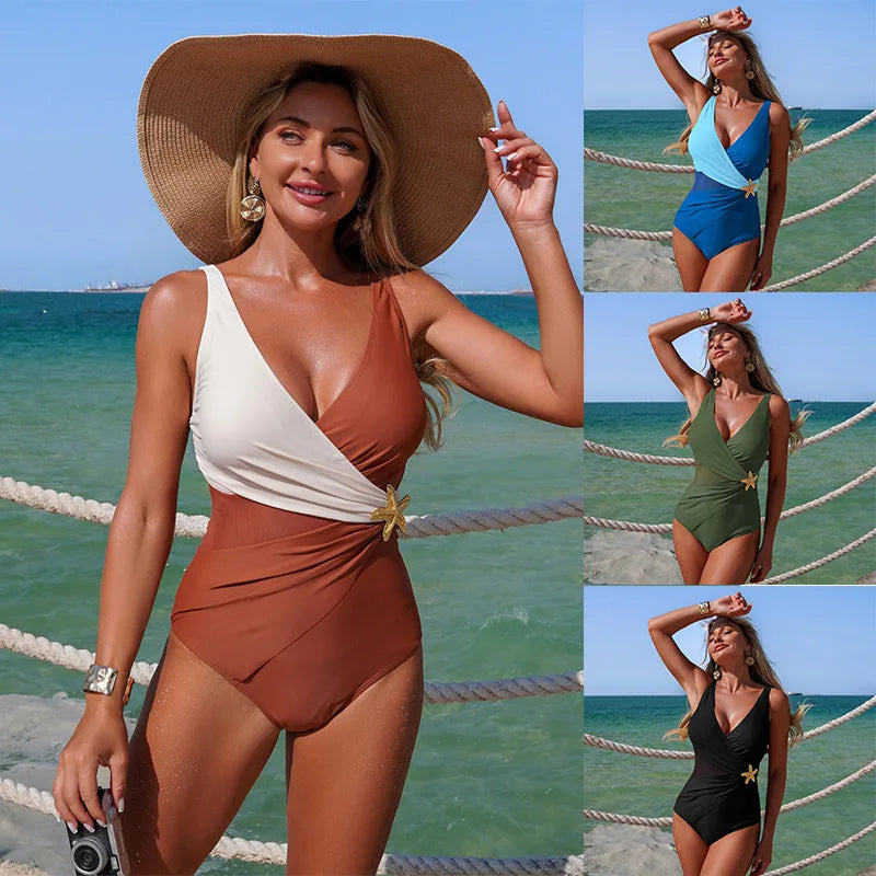 Brown One Piece Swimsuit Female 2025 Patchwork Swimwear Women Lace Up Bathing Suits Starfish Summer Beach Wear Sports Monokini