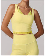 Sexy Fake Two-piece Yoga Tank Top Naked Feel Lace Trim V Neck High Stretch with Bra Pads Gym Running Fitness Dance Tank Top