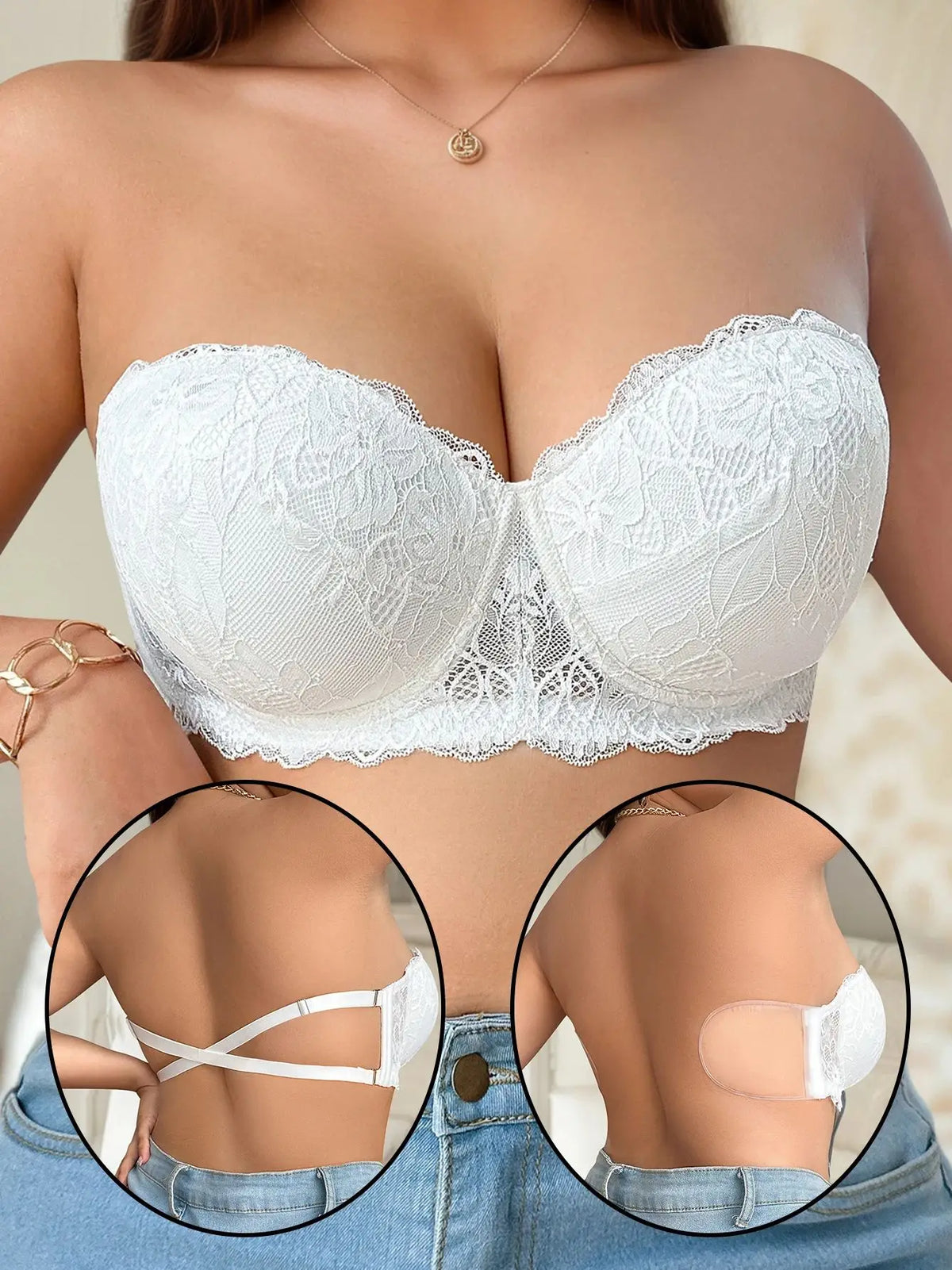 Plus Size Strapless Bra with Silicone Grip & Crisscross Back Supportive White Lace Bandeau for Women Big Bust Invisible bra 3468