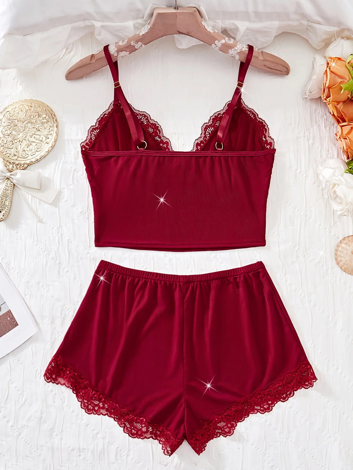 2pcs Floral Contrast Lace Pajama Set for Women Sleepwear V Neck Solid Color Bow Top & Shorts Home Clothes Loungewear
