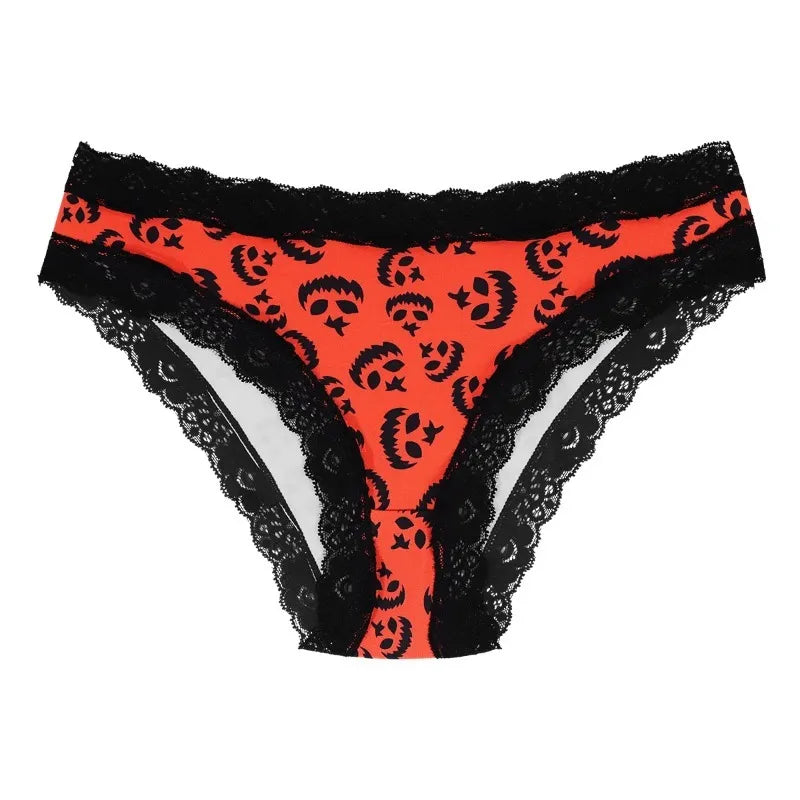 1 Pc Printed Lingerie for Women Sexy Lace Edge Wrapped Hip Underwear Halloween Themed Comfortable and Breathable Triangle Pants