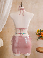 DEKA Sexy Pink 3D Flowers Embroidered Bikini Set Women Drawstring Skirt Swimwear 3 Piece Swimsuit Summer Bathing Suit Holiday